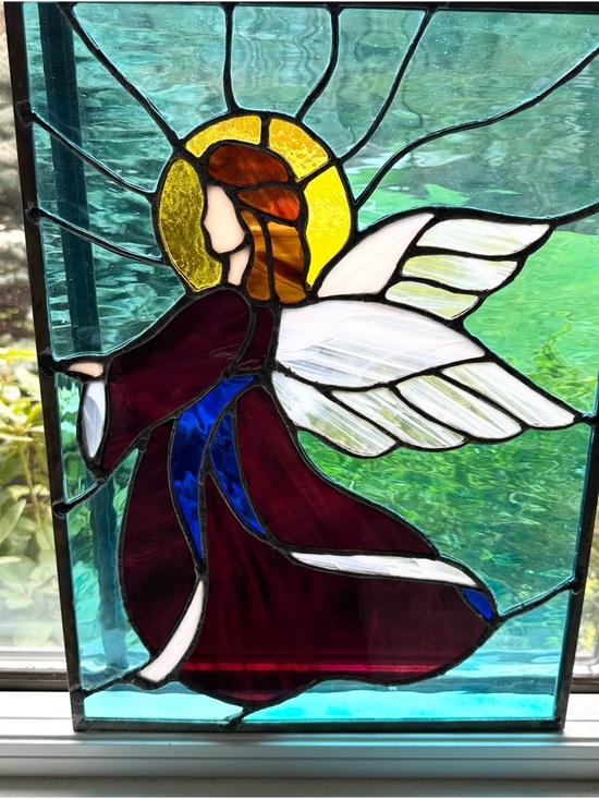 Other - Stained Glass Angel Window Panel in Burgundy, White, Blue, Yellow 19 x 14 inches